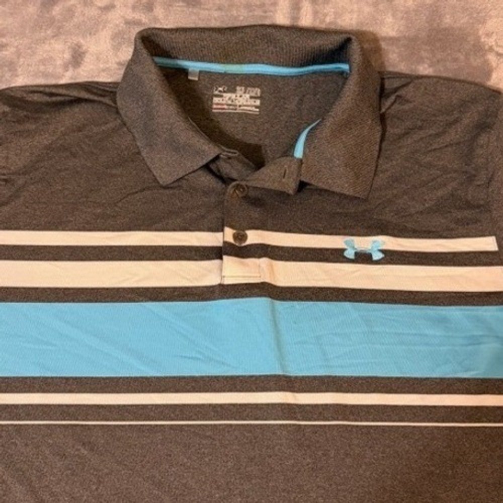 Under Armour Mens HeatGear Striped Polo Shirt Grey Blue 2XL Regular Fit 4773